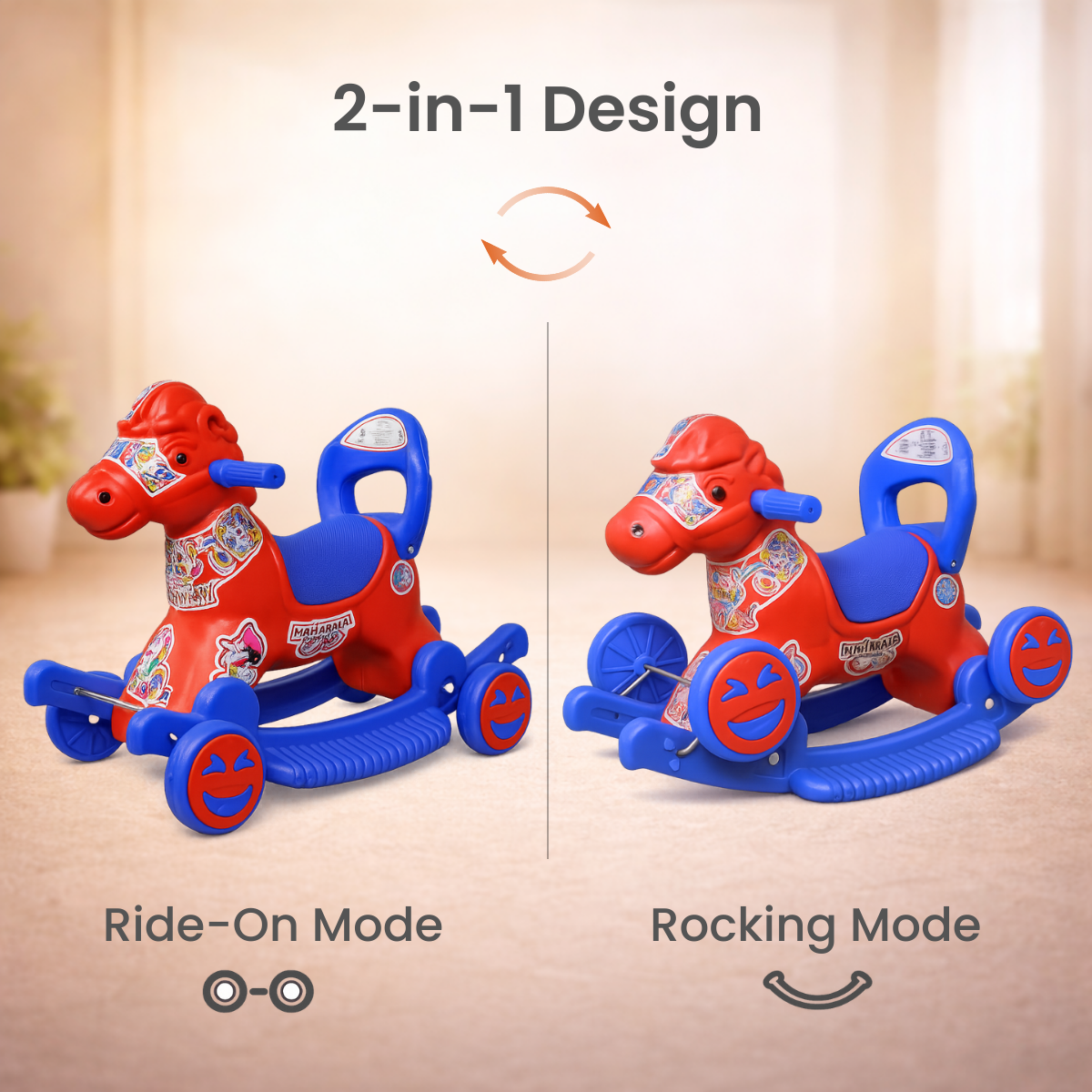 Maharaja Chetak 2-in-1 Ride-On & Rocker Horse - Red & Blue
