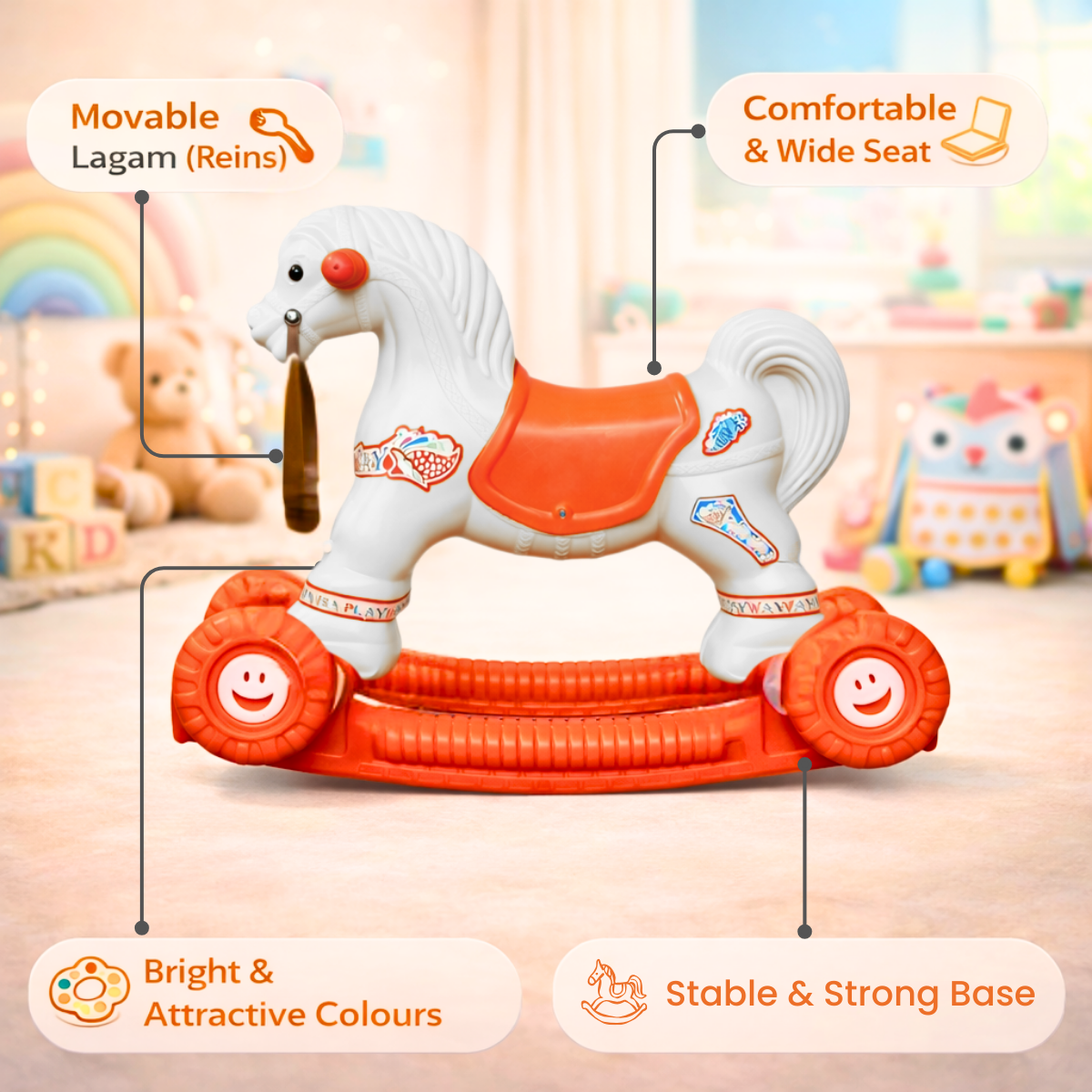 Chetak 2-in-1 Ride-On & Rocker Horse - White & Red