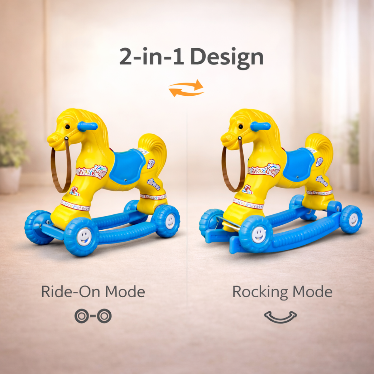 Chetak 2-in-1 Ride-On & Rocker Horse - Yellow & Blue