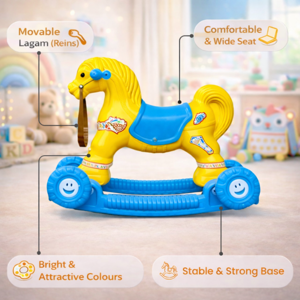 Chetak 2-in-1 Ride-On & Rocker Horse - Yellow & Blue