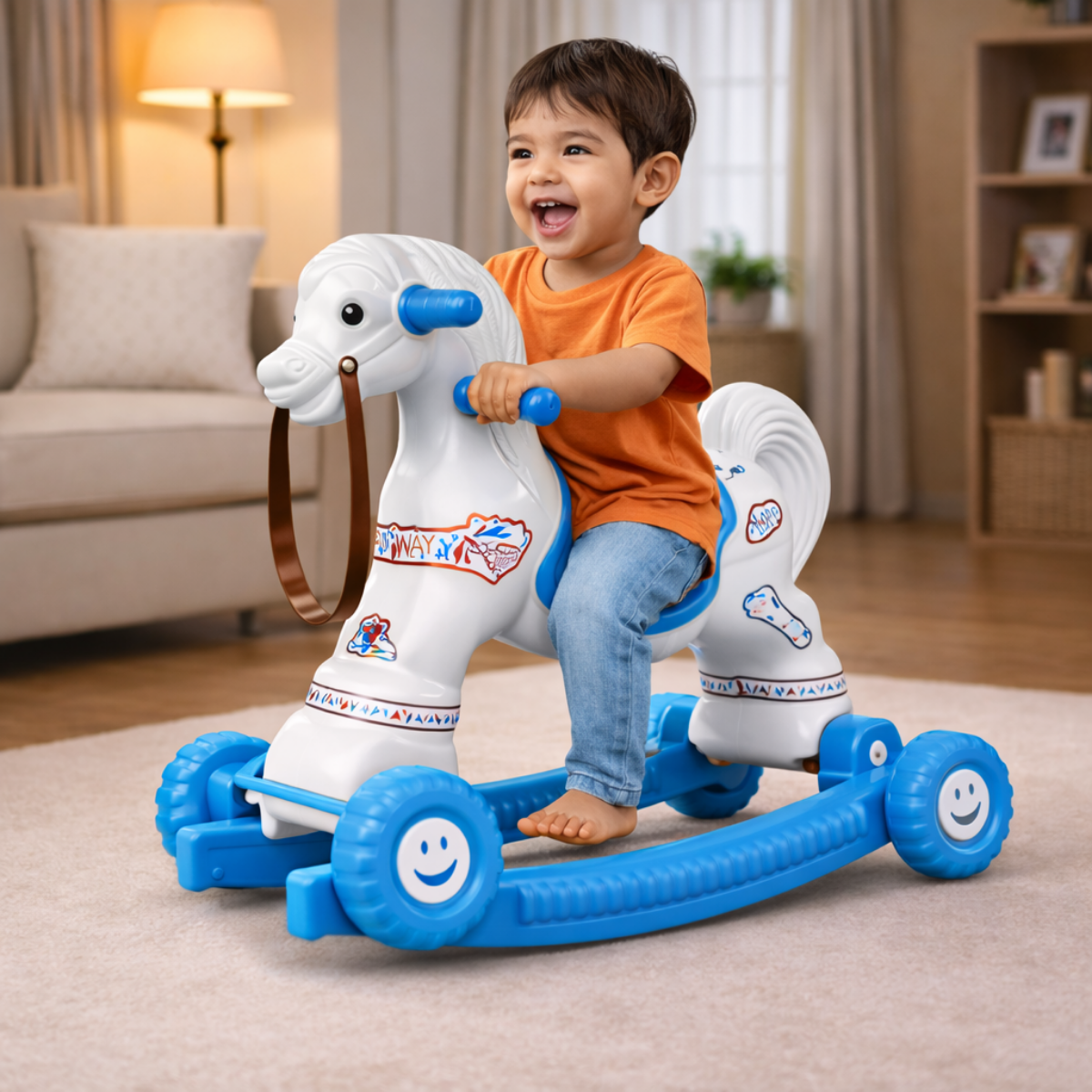 Chetak 2-in-1 Ride-On & Rocker Horse - White & Blue