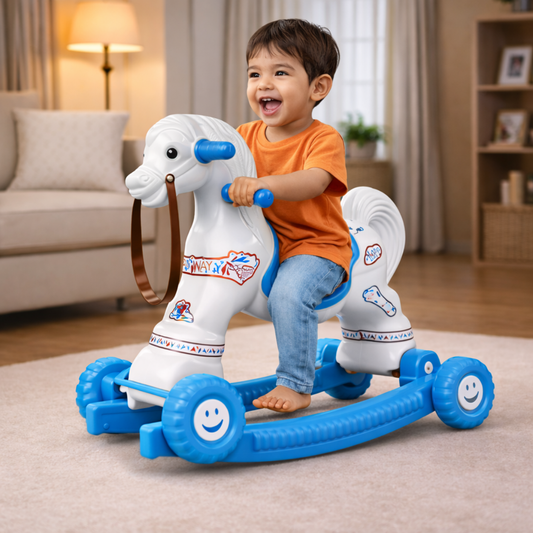 Chetak 2-in-1 Ride-On & Rocker Horse - White & Blue