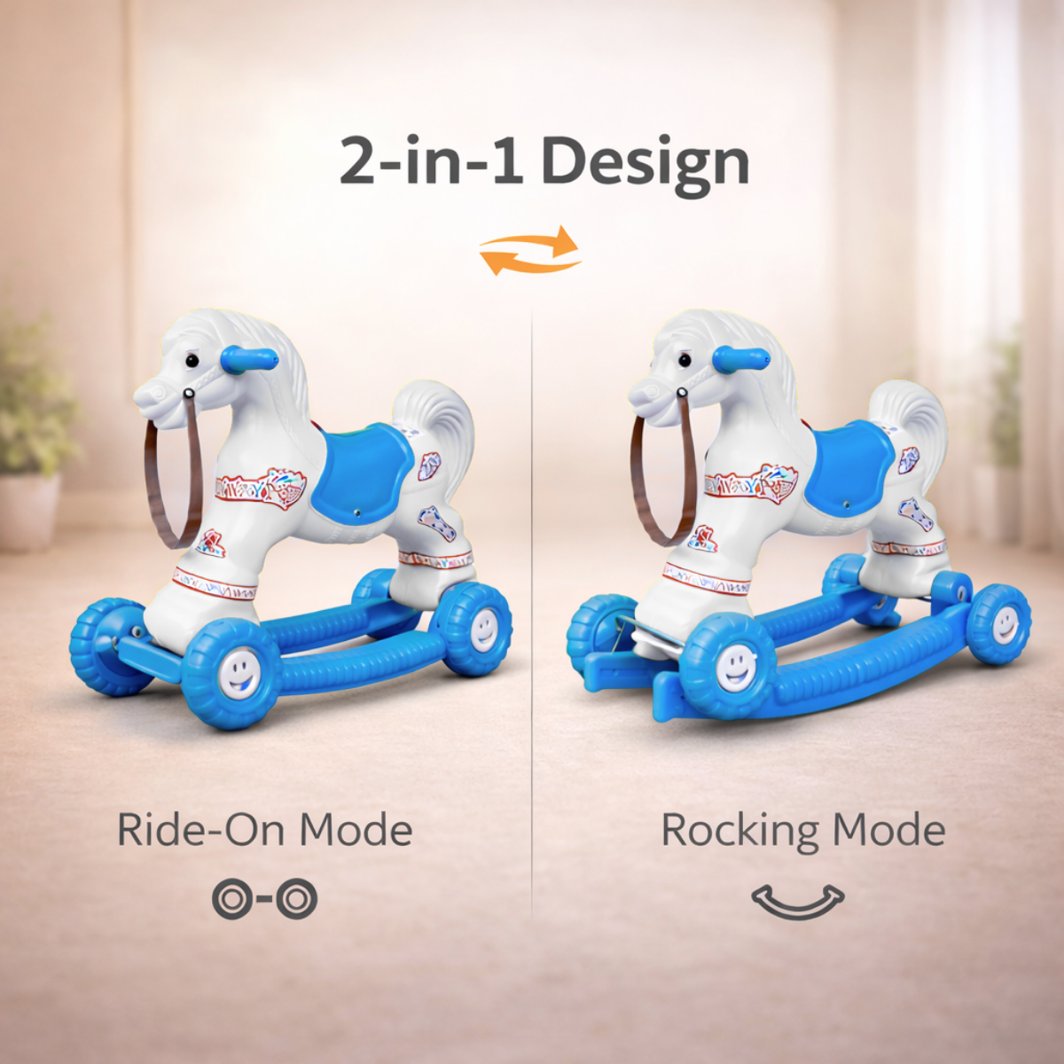 Chetak 2-in-1 Ride-On & Rocker Horse - White & Blue