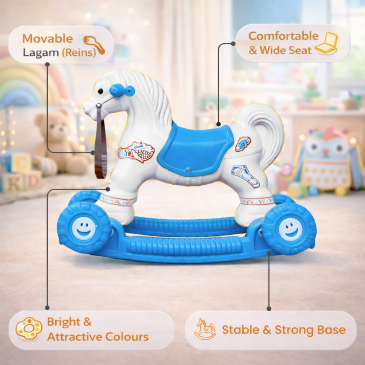 Chetak 2-in-1 Ride-On & Rocker Horse - White & Blue