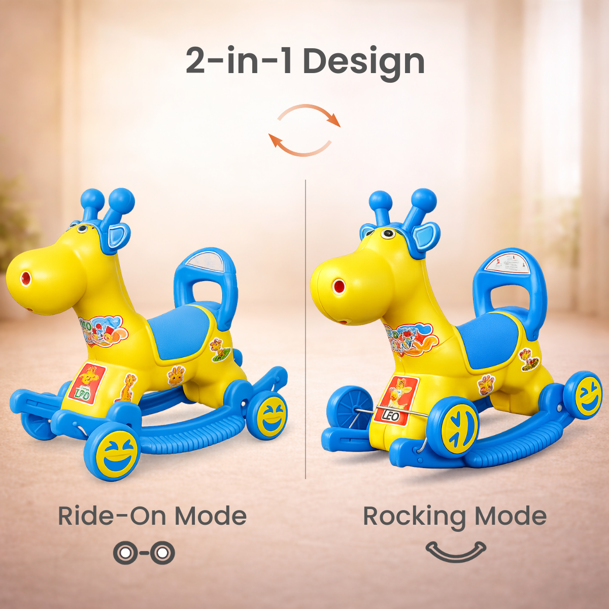 Leo 2-in-1 Ride-On & Rocker Giraffe - Yellow & Blue