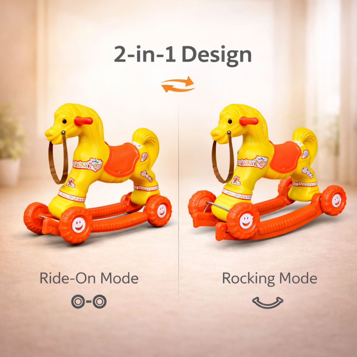 Chetak 2-in-1 Ride-On & Rocker Horse - Yellow & Red